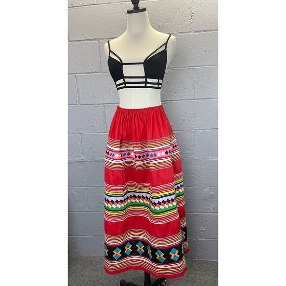 Vintage 1940s 50s Seminole Native American Patchwork Skirt Rick-Rack Red Maxi 0 - Picture 2 of 10